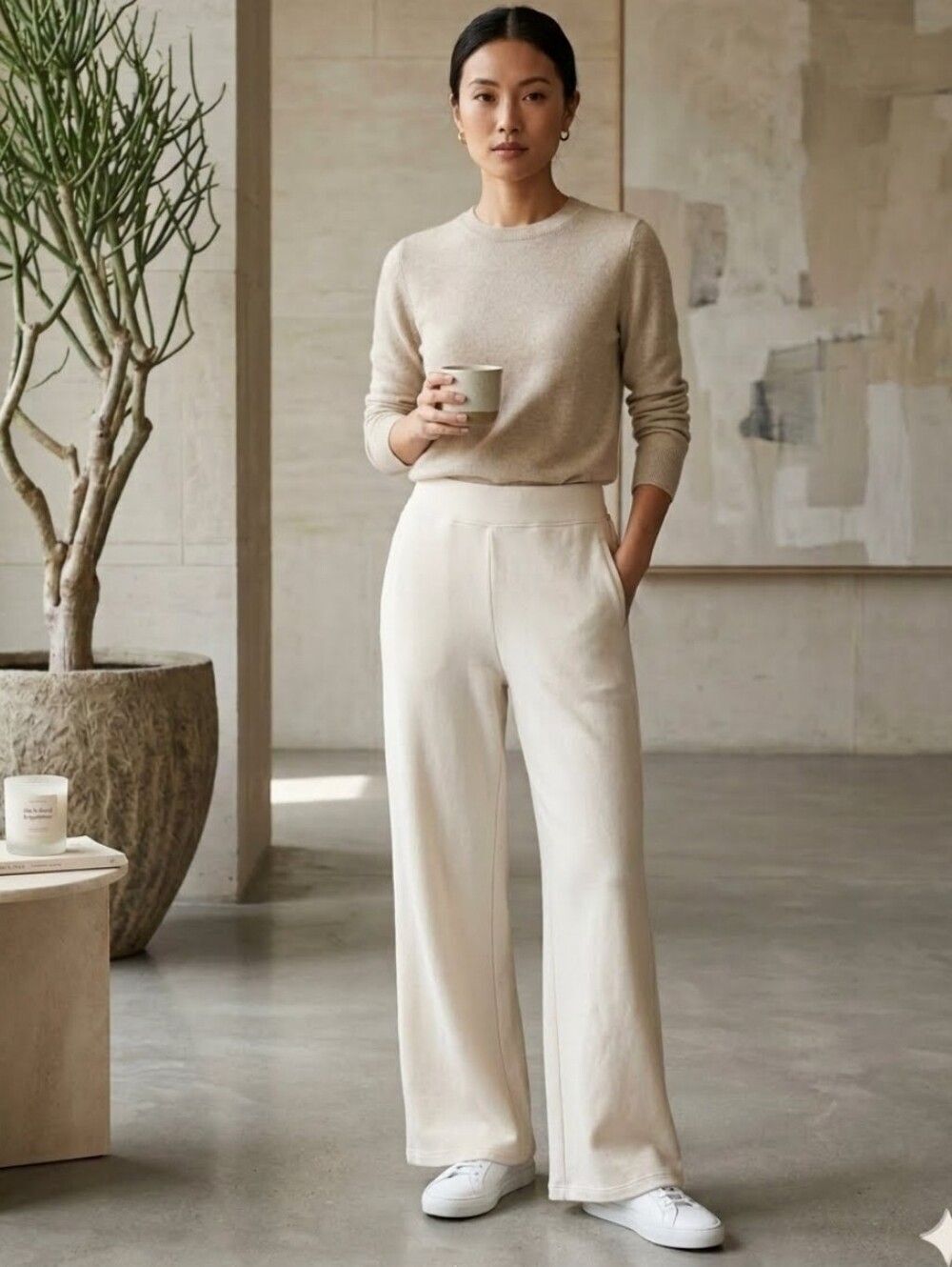 NWT White Birch Women's Wide Leg Lounge Pants - Stone High Waist Small
